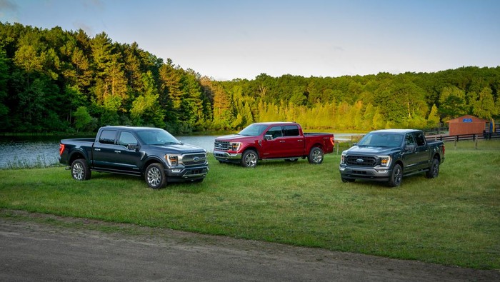 All-new F-150 Limited in Smoked Quartz Tinted Clearcoat, F-150 Lariat in Rapid Red Metallic Tinted Clearcoat and F-150 XLT Sport Appearance Package in Carbonized Gray.