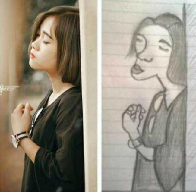 Seharusnya ini pose lagi sedih, tapi kalau gambar sketsanya kayak gini sih bukannya sedih malah jadi pengin ngakak. Benar-benar nggak habis pikir sama yang bikin sketsa gambarnya. Foto: Instagram