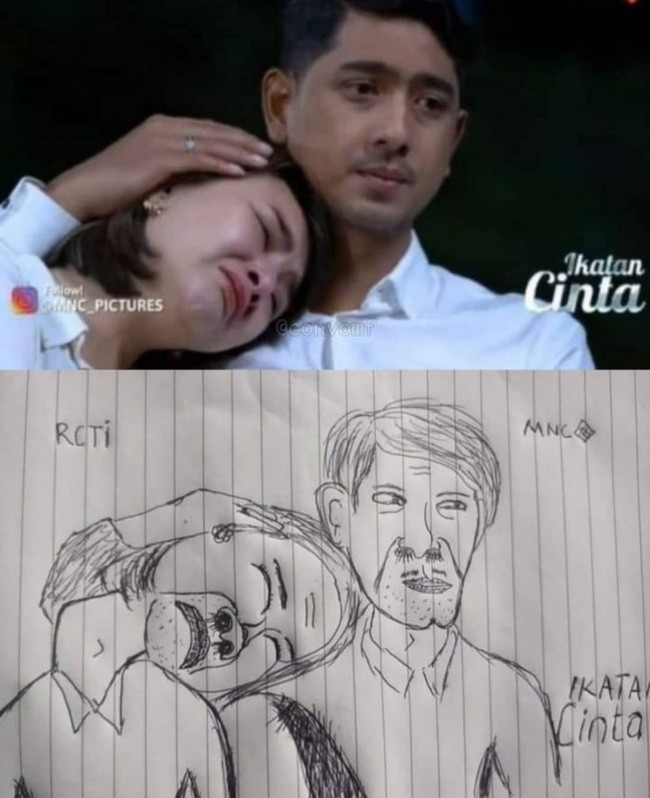 Bukannya jadi terlihat romantis, sketsanya justru jadi tampak mengerikan. Coba saja kamu perhatikan, leher Andin Ikatan Cinta di dalam gambar sketsa malah jadi terlihat seperti patah. Foto: Instagram