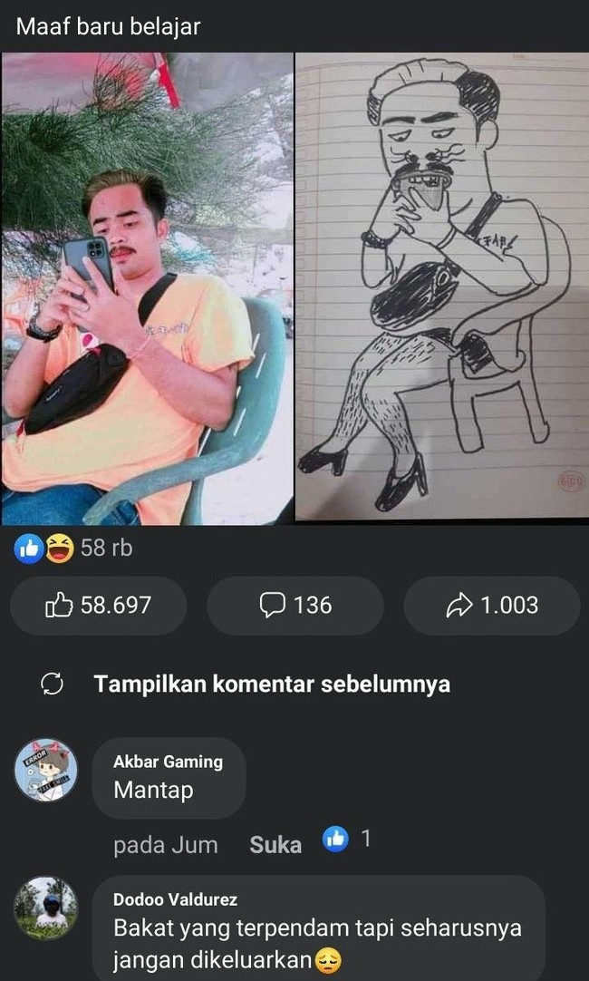 Sungguh bakat terpendam yang bisa bikin melongo. Dijamin pas lihat sketsa fotonya, sang pria dalam gambar pasti akan terkejut. Foto: Instagram