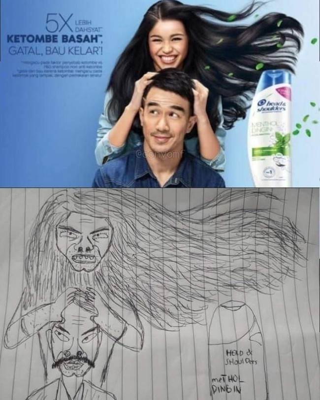 Di iklan sih model wanitanya terlihat senyum sumringah bahagia, tapi di sketsa kok wajah model wanitanya jadi terlihat seperti sedang marah. Nggak cuma itu, wajahnya juga jadi menyeramkan seperti hantu ya di sketsanya.. Foto: Instagram