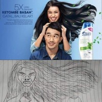 Di iklan sih model wanitanya terlihat senyum sumringah bahagia, tapi di sketsa kok wajah model wanitanya jadi terlihat seperti sedang marah. Nggak cuma itu, wajahnya juga jadi menyeramkan seperti hantu ya di sketsanya.. Foto: Instagram