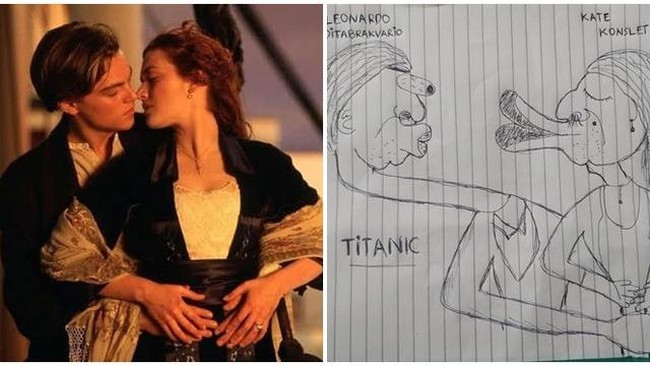 Adegan dalam film Titanic yang satu ini seharusnya menjadi adegan romantis. Tapi berbeda dengan gambar sketsanya yang justru bikin ngakak, gagal romantis. Foto: Facebook
