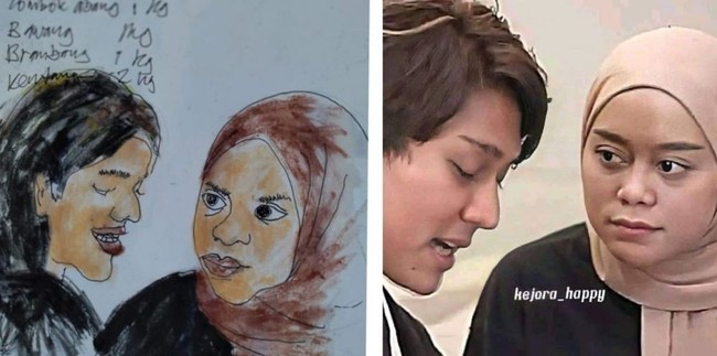 Kalau ini kertasnya yang malah bikin salah fokus. Kertas bekas daftar belanjaan malah dijadikan untuk gambar sketsa wajah Lesti Kejora dan Rizky Billar. Foto: Facebook