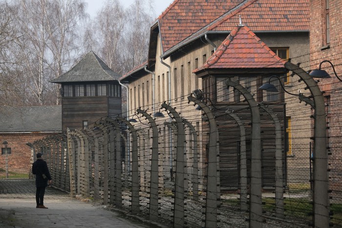 OSWIECIM, POLAND - JANUARY 26: A visitor walks among barbed wire and prison barracks at the former Auschwitz I concentration camp on January 26, 2020 in Oswiecim, Poland. International leaders as well as approximately 200 survivors will gather at Auschwitz tomorrow to commemorate the 75th anniversary of the camps liberation. The Nazis killed an estimated one million people, mostly Jews, at the camp during World War II.   (Photo by Sean Gallup/Getty Images)