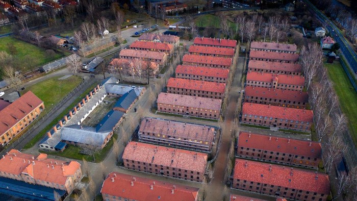 OSWIECIM, POLAND - DECEMBER 20: An aerial view of the Auschwitz I extermination camp on December 20, 2019 in Oswiecim, Poland. Ceremonies marking the 75th anniversary of the liberation of the camp by Soviet soldiers are due to take place on January 27, 2020. Auschwitz was a network of concentration camps built and operated in occupied Poland by Nazi Germany during the Second World War. Auschwitz I and nearby Auschwitz II-Birkenau was the extermination camp where an estimated 1.1 million people, mostly Jews from across Europe, were killed in gas chambers or from systematic starvation, forced labour, disease and medical experiments. (Photo by Christopher Furlong/Getty Images)