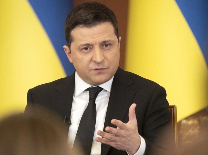 In this handout photo provided by the Ukrainian Presidential Press Office, Ukrainian President Volodymyr Zelenskyy speaks during a news conference in Kyiv, Ukraine, Friday, Jan. 28, 2022. High-stakes diplomacy continued on Friday in a bid to avert a war in Eastern Europe. The urgent efforts come as 100,000 Russian troops are massed near Ukraines border and the Biden administration worries that Russian President Vladimir Putin will mount some sort of invasion within weeks. (Ukrainian Presidential Press Office via AP)