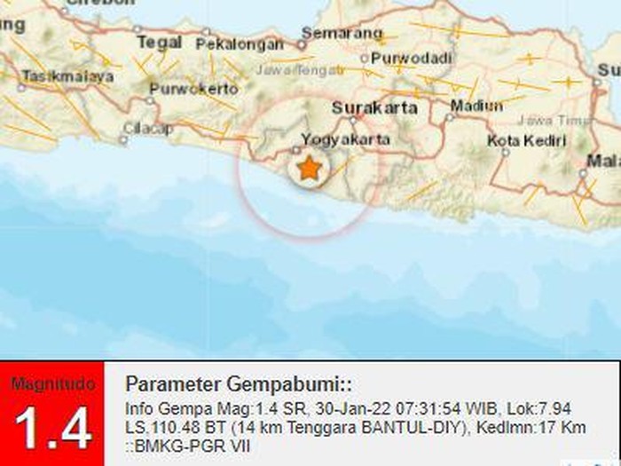 Gempa M 1,4 terjadi di Bantul, Minggu (30/1/2022).
