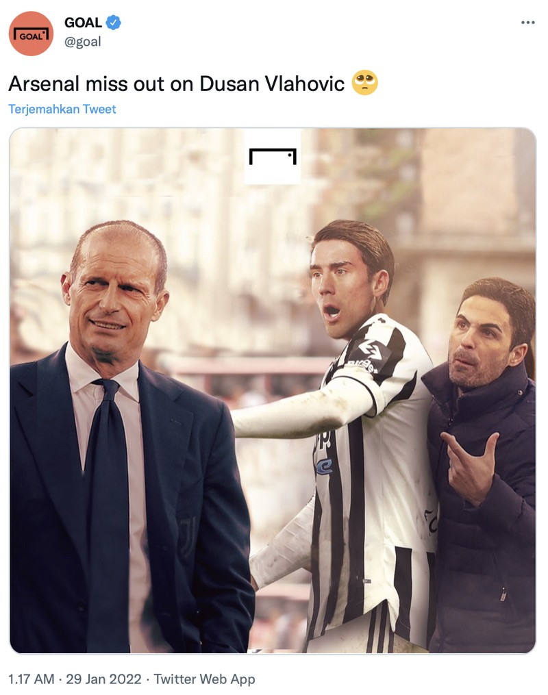 Meme Arsenal gagal datangkan Vlahovic jadi salah satu juru gedor di tim Meriam London.