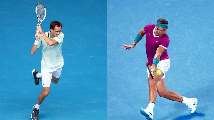 FILE PHOTO (EDITORS NOTE: COMPOSITE OF IMAGES - Image numbers 1365279573, 1367267093) In this composite image a comparison has been made between Daniil Medvedev of Russia (L) and Rafael Nadal of Spain. They will play each other in the 2022 Australian Mens Singles Final on January 30,2022 in Melbourne Australia. *** MELBOURNE, AUSTRALIA - JANUARY 18: Daniil Medvedev of Russia plays a backhand in his first round singles match against Henri Laaksonen of Switzerland during day two of the 2022 Australian Open at Melbourne Park on January 18, 2022 in Melbourne, Australia. (Photo by Kelly Defina/Getty Images) ***RIGHT IMAGE*** MELBOURNE, AUSTRALIA - JANUARY 28: Rafael Nadal of Spain plays a backhand in his Mens Singles semi-final match against Matteo Berrettini of Italy during day 12 of the 2022 Australian Open at Melbourne Park on January 28, 2022 in Melbourne, Australia. (Photo by Daniel Pockett/Getty Images)