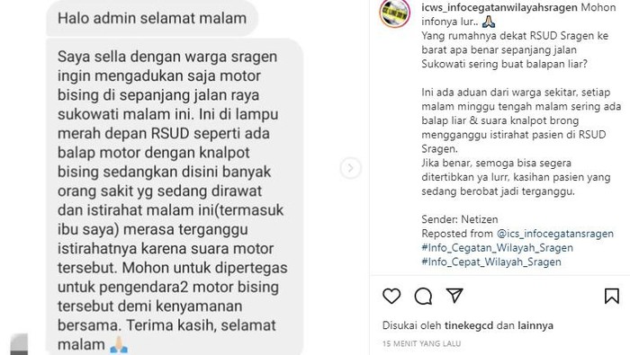 Tangkapan layar Instagram @icws_infocegatanwilayahsragen