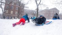 Anak-anak tampak bermain seluncuran saat salju menyelimuti Kota New York, Sabtu (29/1/2022).  AP Photo/Brittainy Newman.
