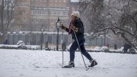 Kondisi Washington Square Park yang diselimuti salju juga dimanfaatkan warga untuk bermain ski. AP Photo/Brittainy Newman.