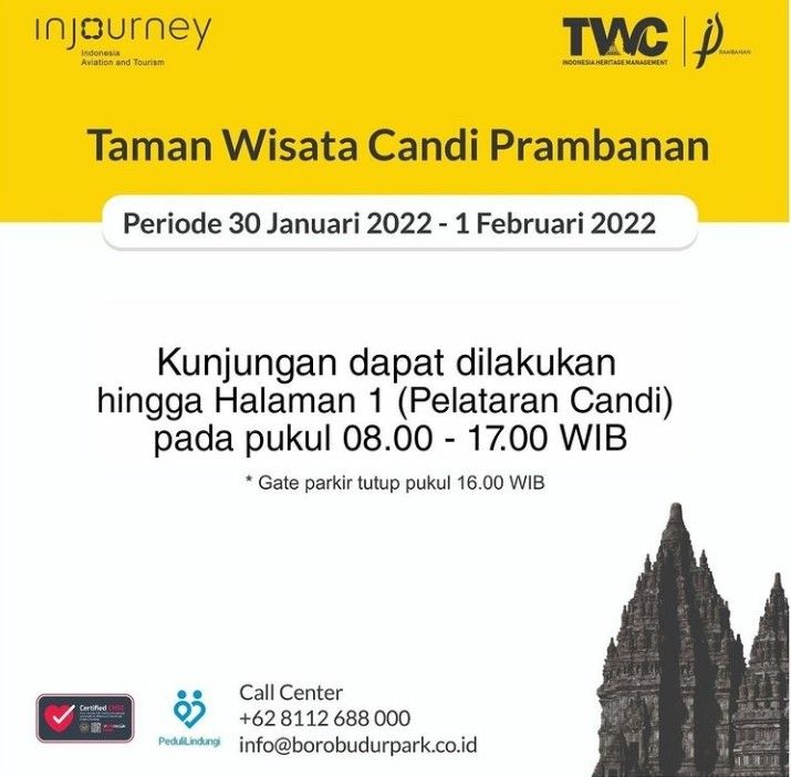Jam operasional Candi Prambanan saat libur Imlek 2022.