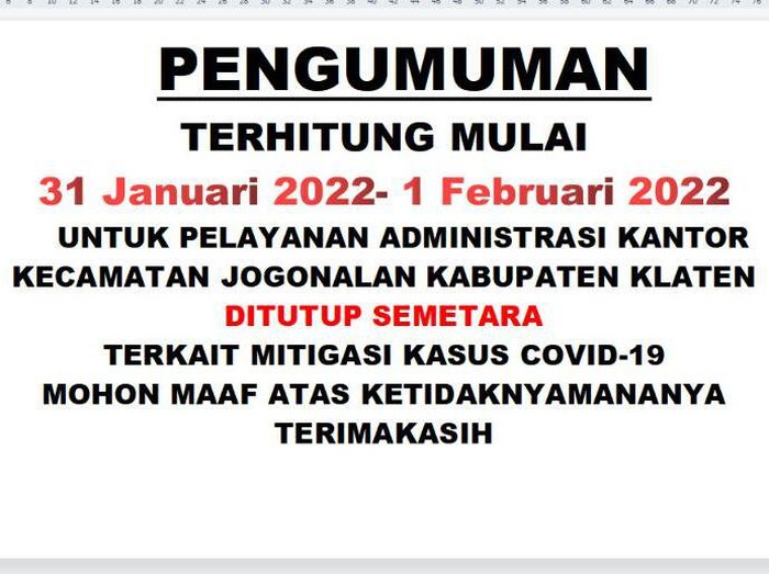 Pengumuman penutupan kantor camat Jogonalan, Senin (31/1/2022).