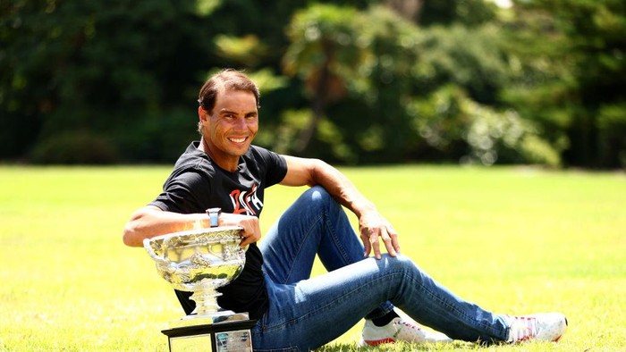 MELBOURNE, AUSTRALIA - JANUARY 31:  Rafael Nadal of Spain poses with the Norman Brookes Challenge Cup after winning last nights 2022 Australian Open Mens Singles Final, at Government House on January 31, 2022 in Melbourne, Australia. (Photo by Clive Brunskill/Getty Images)