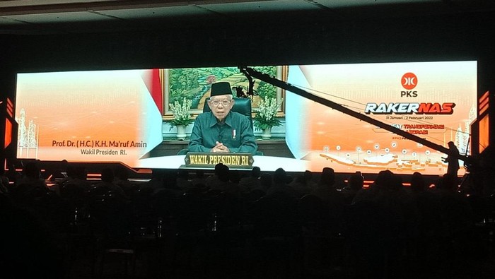 Wapres Maruf Amin menghadiri rakernas PKS 2022 secara virtual, Senin (31/1/2022).