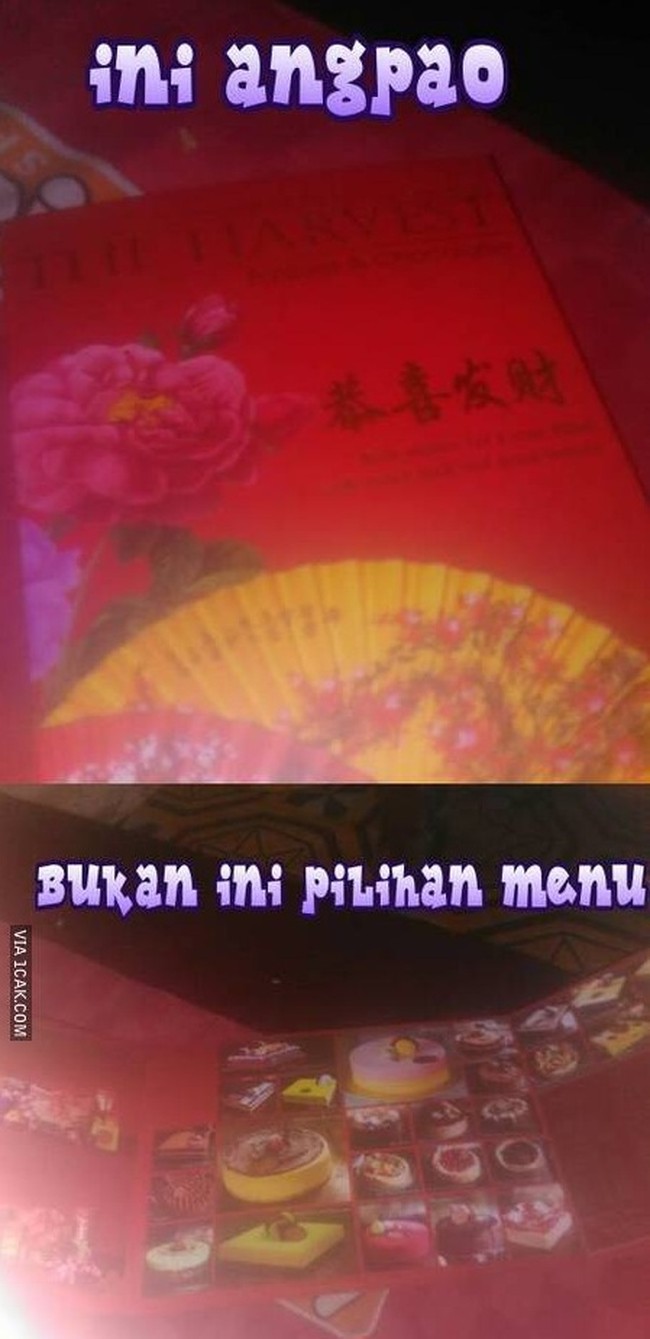 Hati-hati tertipu guys.. Dikira angpao ternyata cuma daftar menu. Mentang-mentang warnanya merah dan ada tulisan Mandarinnya sih.. Foto: 1cak.com