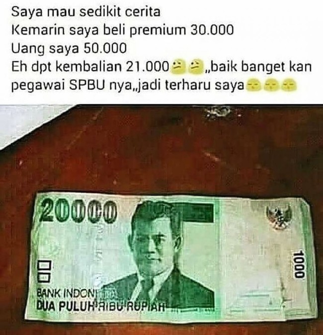 Ketika uang Rp 20 ribu bergabung dengan uang Rp 1 ribu dan membuat sebuah kesatuan. Jadilah lembaran uang kertas baru yang jumlahnya Rp 21 ribu. Foto: Instagram