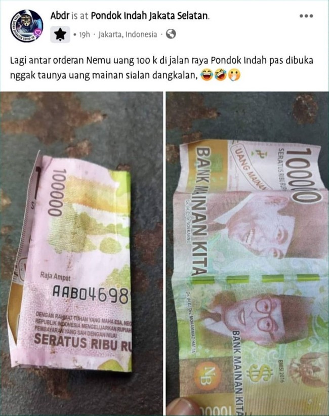 Hati-hati kena prank uang palsu. Udah seneng dikira dapat rejeki nomplok, pas dibuka ternyata bikin syok. Silakan coba lagi dan semoga beruntung deh.. Foto: Instagram