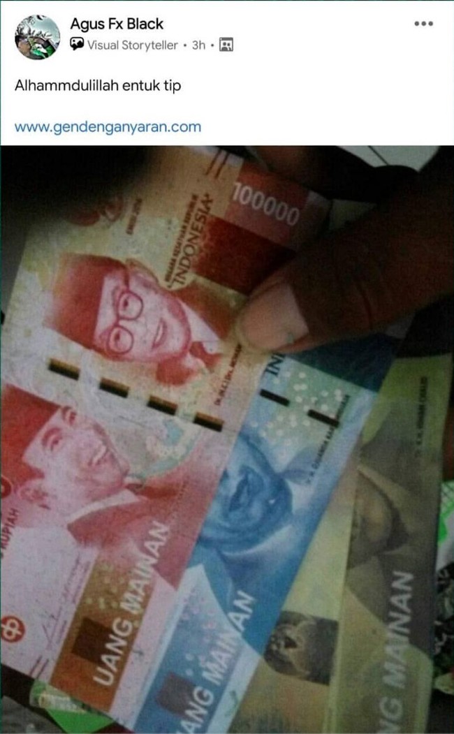 Lagi-lagi cuma uang mainan. Jangan sampe deh kalian ikutan tertipu sama uang mainan seperti ini. Foto: Instagram