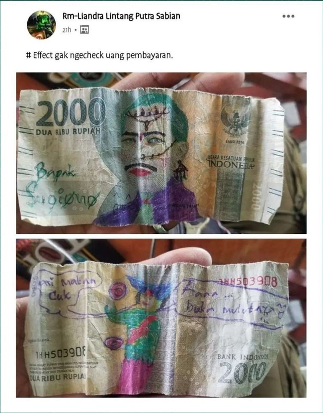 Ulah netizen yang kelewat kreatif nih. Pas dibuka langsung syok melihat gambarnya deh. Lain kali kalau mau menggambar jangan di uang yaa.. Foto: Instagram