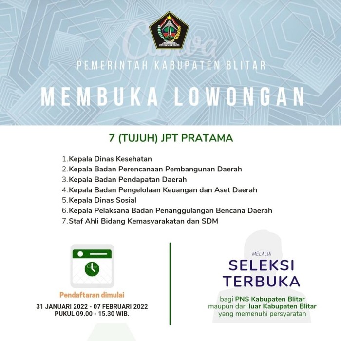 Pemkab Blitar Buka Lowongan 7 Jabatan Pimpinan Tinggi Pratama