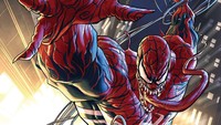 Venom tak ketinggalan jadi Spider-Man, tapi kali ini warnanya tidak hitam-putih melainkan tetap merah-biru. Lidah panjang seperti reptilnya tetap terlihat di sampul komik Venom volume #7 yang digambar Pete Woods. (Foto: dok. Marvel Comics)