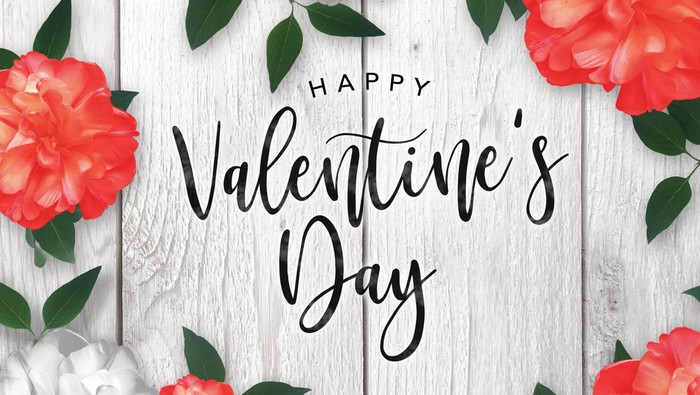 Happy Valentines Day Celebration Text Over Red Roses Border with Rustic Whitewashed Wood Background
