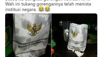 Kerta dokumen bekas Komisi Pemberantasan Korupsi ini juga dijadikan bungkus gorengan. Terlihat lambang Garuda yang terkena minyak bekas gorengan. Foto: Twitter/Facebook