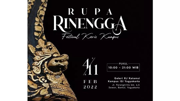 Pameran Rupa Rinengga di ISI Jogja bakal menampilkan aneka tosan aji Nusantara. Acara ini digelar 4-11 Februari 2022.