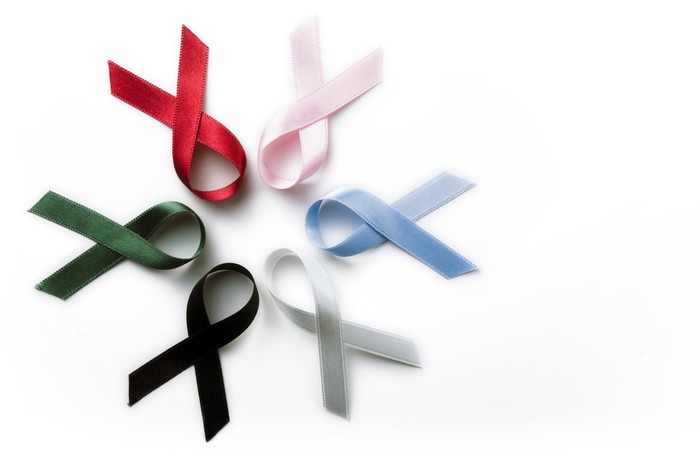 photo of different awareness satin ribbons isolated on white