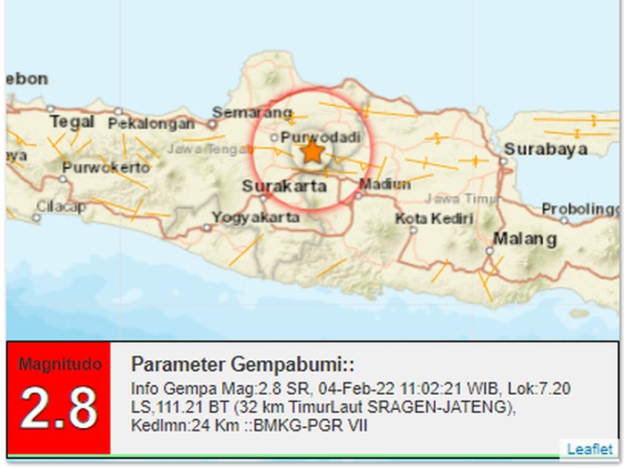Gempa magnitudo 2,8 di Sragen, Jumat (4/2/2022).