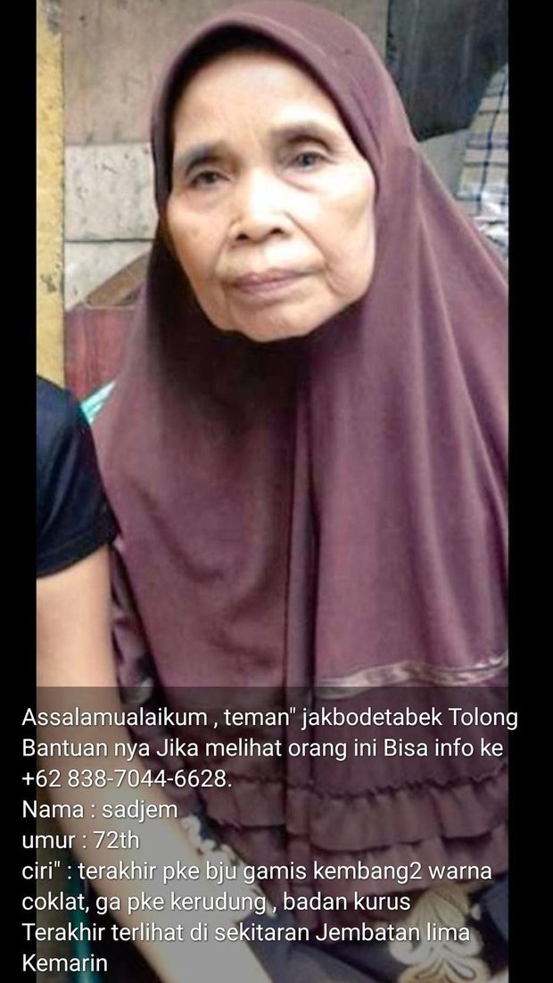 Ibu Sadjiem warga Jakbar yang hilang.