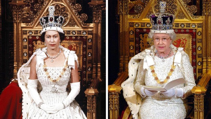 FILE - This photo combo shows Britain's Queen Elizabeth II during the State Opening of Parliament, London,  in April, 1966 on the left and Nov. 15, 2006, on the right. Queen Elizabeth II will mark 70 years on the throne Sunday, Feb. 6, 2022 an unprecedented reign that has made her a symbol of stability as the United Kingdom navigated an age of uncertainty.  (AP Photo, Arthur Edwards, Pool, File)