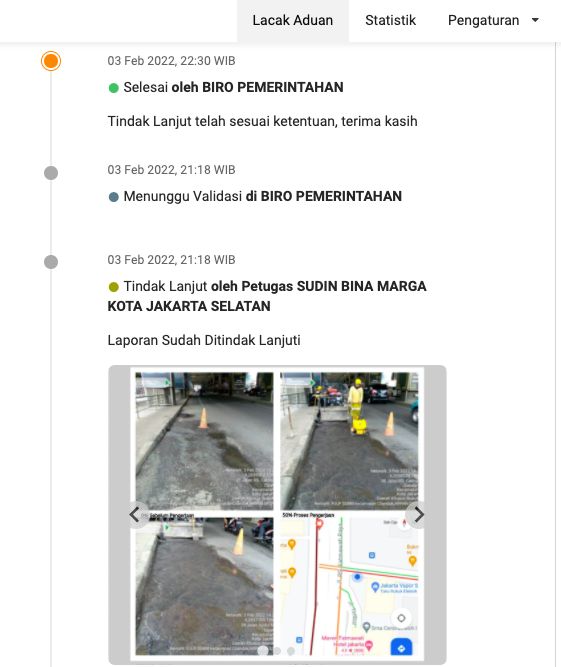 Tangkapan layar situs CRM Pemprov DKI soal perbaikan Jl RS Fatmawati, 4 Februari 2022. (Dok CRM Pemprov DKI)