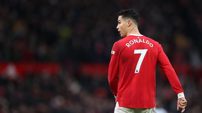 MANCHESTER, ENGLAND - JANUARY 22: Cristiano Ronaldo of Manchester United looks on during the Premier League match between Manchester United and West Ham United at Old Trafford on January 22, 2022 in Manchester, England. (Photo by Naomi Baker/Getty Images)