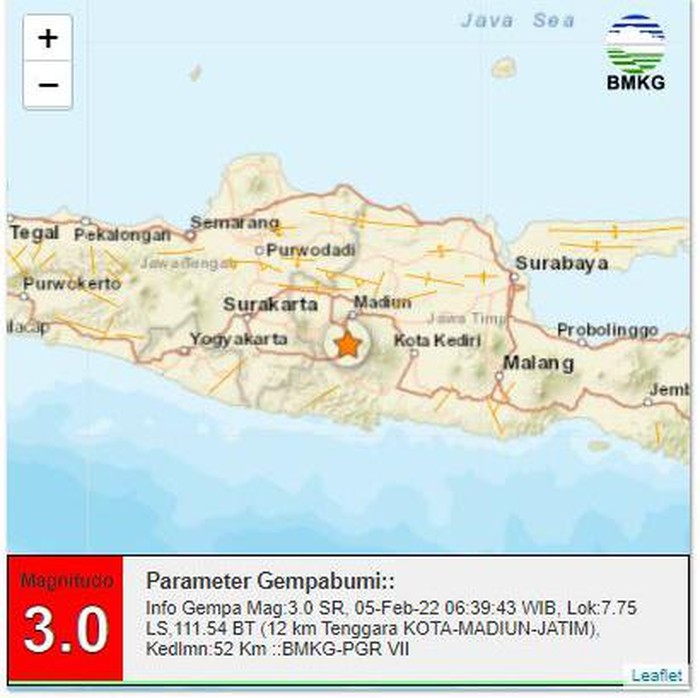 Gempa M 3.0 terjadi di Kota Madiun. Gempa terjadi pukul 06.39 WIB.