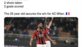 Statistik keren dari Oliver Giroud dalam pertandingan semalam. Foto: Twitter