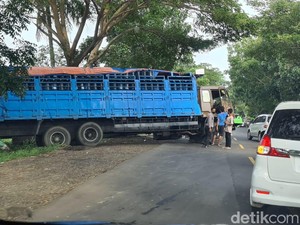 Hati-hati, Ada Truk Terperosok Tutupi Jalan di Kawasan Pasir Putih Situbondo