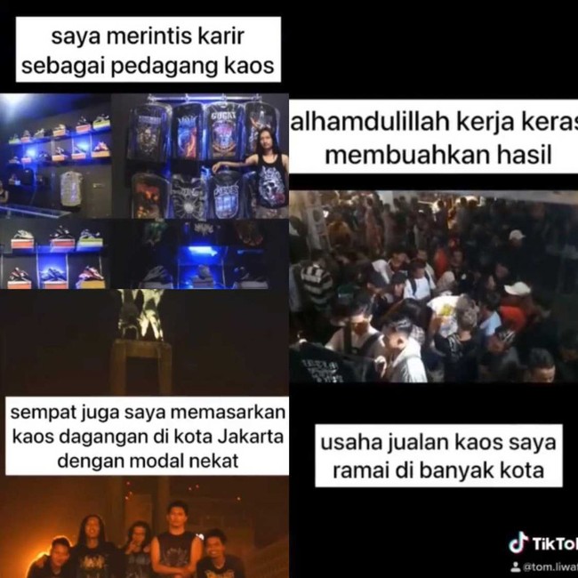 Tom Liwafa adalah seorang pengusaha sekaligus sahabat Vanessa Angel dan Bibi Andriansyah. Namanya tersorot karena ikut mengurus semua urusan di Surabaya hingga mengantarkan jenazah Vanessa dan Bibi ke Jakarta. Kini sosok Tom dan perjalanan kariernya pun menjadi sorotan warganet. Lewat akun Instagram @tomliwafa, ia mengunggah ulang postingan TikTok sang istri. Ini moment-moment pertama kita pacaran. Suami gondrong banget hehe. Biarpun begitu, aku sayang banget karena dia ini visioner hehe, Ini usaha pertama kita, distro metal yang lokasinya di gang sempit,ungkap Hesti. Foto: Dok. Tangkapan layar akun TikTok @tomliwafa.
