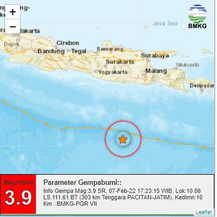 Gempa M 3.9 terjadi di Pacitan. Gempa terjadi pukul 17.23 WIB.