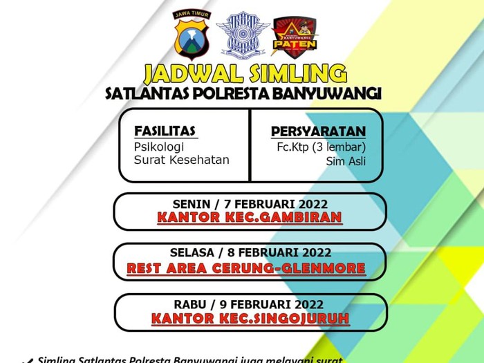 Ada kabar gembira bagi warga Banyuwangi yang hendak mengurus SIM. Berikut jadwal SIMLING di Banyuwangi: