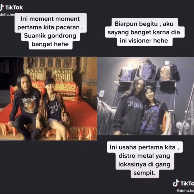 Tomli dan Hesti sama-sama merintis karier di dunia bisnis mulai dari menjual kaus band metal yang lokasinya di gang sempit. Saya merintis karier sebagai pedagang kaus dari mulai di lapak sampai punya disto di dalam gang kecil sudah saya lalui. Sempat juga saya memasarkan kaus dagangan di kota Jakarta dengan modal nekad, tulis Tom. Foto: Dok. Instagram @tomliwafa.