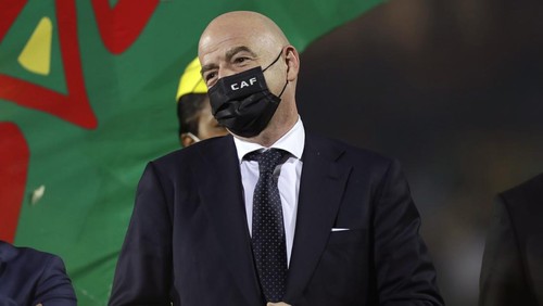 Gianni Infantino, FIFA President, is seen after the African Cup of Nations 2022 Third place soccer match between Burkina Faso and Cameroon at the Ahmadou Ahidjo stadium in Yaounde, Cameroon, Saturday, Feb. 5, 2022. (AP Photo/Sunday Alamba)