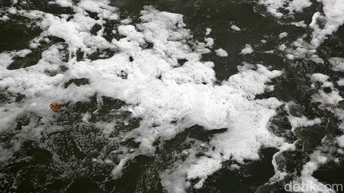 Aliran Banjir Kanal Timur di Cipinang, Jakarta, kembali berbusa. Busa ini disebabkan air tercemar limbah deterjen.