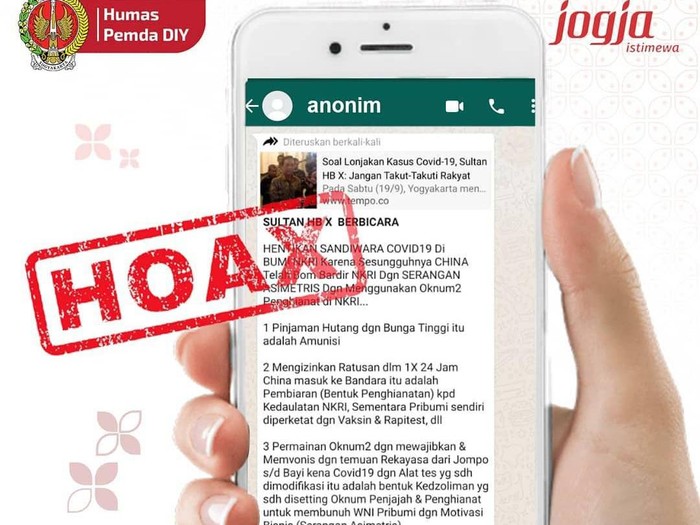 Beradar berita Sri Sultan HB X dikaitkan COVID sandiwara China dipastikan hoax.