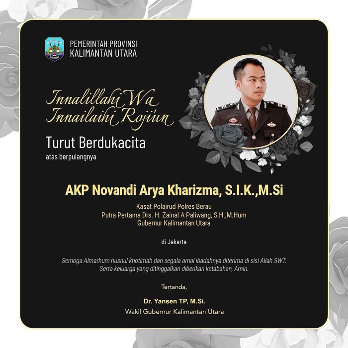Gubernur Kalimantan Utara (Kaltara), Zainal A Paliwang, tengah berduka. Putra Zainal, AKP Novandi Arya Kharizma, dikabarkan meninggal dunia di Jakarta. (Instagram @kaltaraprov)