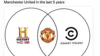 Netizen ini menyindir bahwa dalam 5 tahun terakhir, MU berkutat pada sejarah kejayaan masa lalu atau menjadi komedi, bukan lagi berujung prestasi. Foto: Twitter