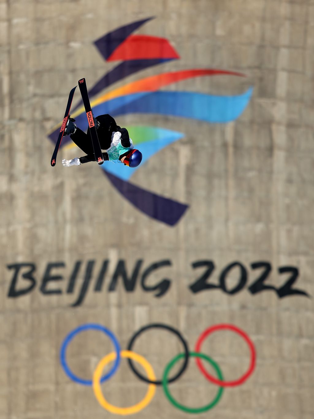 BEIJING, CHINA - FEBRUARY 06: Ailing Eileen Gu of Team China performs a trick during the Freestyle Skiing Big Air training session on Day 2 of the Beijing 2022 Winter Olympic Games at Big Air Shougang on February 06, 2022 in Beijing, China. (Photo by Richard Heathcote/Getty Images)